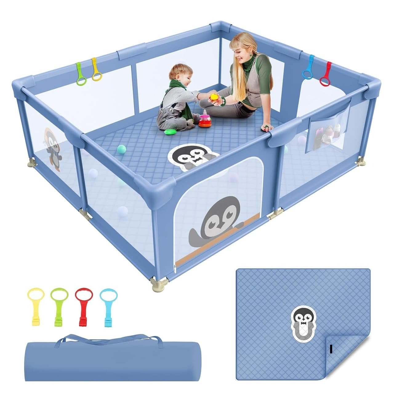 61oPACjbecL-1.jpg Kids Station Non-Foldable Baby Playard Playpen - Spacious - For Infants upto 4 Years - With Extra Thick Mattress - Storage Pocket and Anti-Fall Grasp Rings - Kids Activity Center with Safety Lock - 6ftx5ft or 180x150cm (Blue) - Fast Shipping to USA & Canada - Image 1