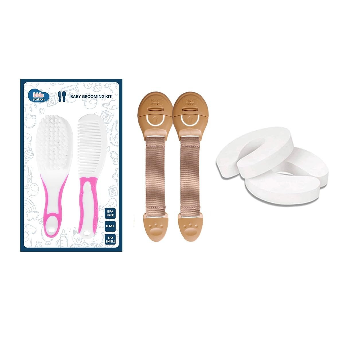 61tt5srDO8L-1.jpg Kids Station Made in India Baby Safety Lock. Baby Proofing Finger Pinch Door Guard and Grooming Kit Combo Pack for Kids, Babies & Pet Safety (Multi, 2 Lock Beige+2 Door Stopper+1 Grooming Kit Pink) - Fast Shipping to USA & Canada - Image 1