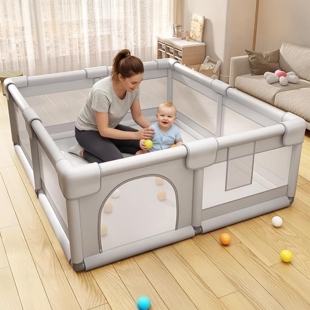 61wk76y8K9L-1.jpg StarAndDaisy Playpen for Baby Portable Toddler Play Yard with Mesh Sides, Safety Lock & Sturdy Design for Indoor Play Area -130 X 130cm -Light Grey - Fast Shipping to USA & Canada - Image 1