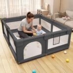 StarAndDaisy Play Pen for Baby Large Foldable Kids Play Yard for Infants & Toddlers, Safety Baby Fence with Non-Slip Base for Indoor & Outdoor Use 130 x 130 cm -Black - Fast Shipping to USA & Canada