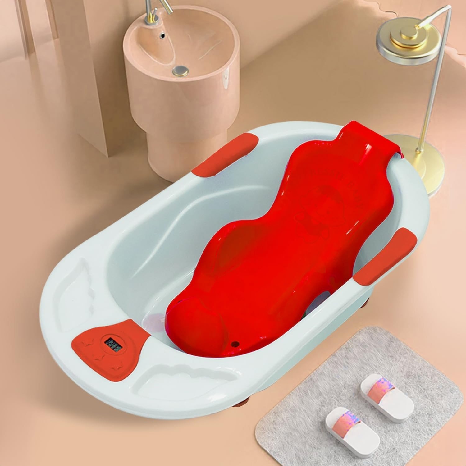 61yVidQgObL-1.jpg StarAndDaisy Baby Bath tub for 0 to 5 Years with Temperature Sensor/Bath tub for Kids 0-3 Years for Kids with Anti-Slip Legs/Bath tub for Baby with Baby Bather Without Wheel(White-Red) - Fast Shipping to USA & Canada - Image 1