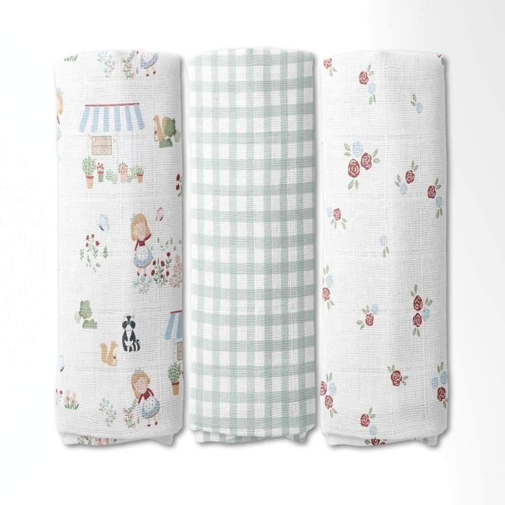 61z1oXOewAL-1.jpg haus & kinder Scarlet in Garden Muslin Swaddle Blankets 3-Pack, 120cm x 120cm, 100% Cotton, Ultra-Soft Baby Swaddles for Newborns 0-3M, Nursing Cover, Stroller Blanket, Hypoallergenic - Fast Shipping to USA & Canada - Image 1