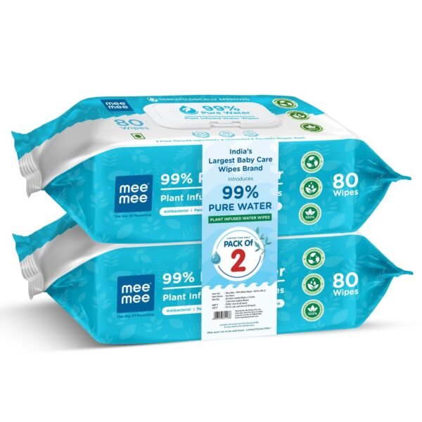 Mee Mee Pure Water Wet Wipes with Lid 80 pcs ? 2 (160 Pcs)? Unscented, Plant Derived, Super Thick Baby Wet pure Wipes - Fast Shipping to USA & Canada