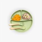 Kids Station 3 Piece BPA-Free Silicone Baby Feeding Set - Baby Plate - Spoon and Bowl - Make Mealtime Fun - Microwave Safe - Unbreakable Eco-Friendly - Organic & Natural (Plate (Set of 3), Green) - Fast Shipping to USA & Canada
