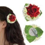 TEMPERIA (2pcs) Hair Accessories For Women & Girls - Stylish Red Rose & Mogra Artificial Flowers Bun Juda Pins & Clips for Decoration - Bridal Brooch & Braid for Hairstyle of Bride, Wedding & Party - Fast Shipping to USA & Canada