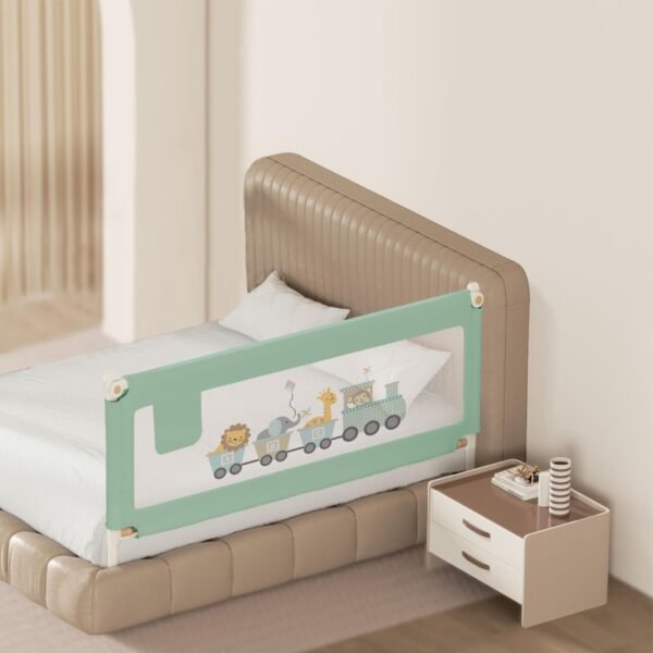 Kids Station Bed Rail for Safety (6ft x 2.6ft), 180cm x 80cm, Baby Safety, Adjustable Height, Foldable Safeguard for Baby Proofing King Size Bed (6'0", 1 Side, Green, Printed with Pocket) - Fast Shipping to USA & Canada