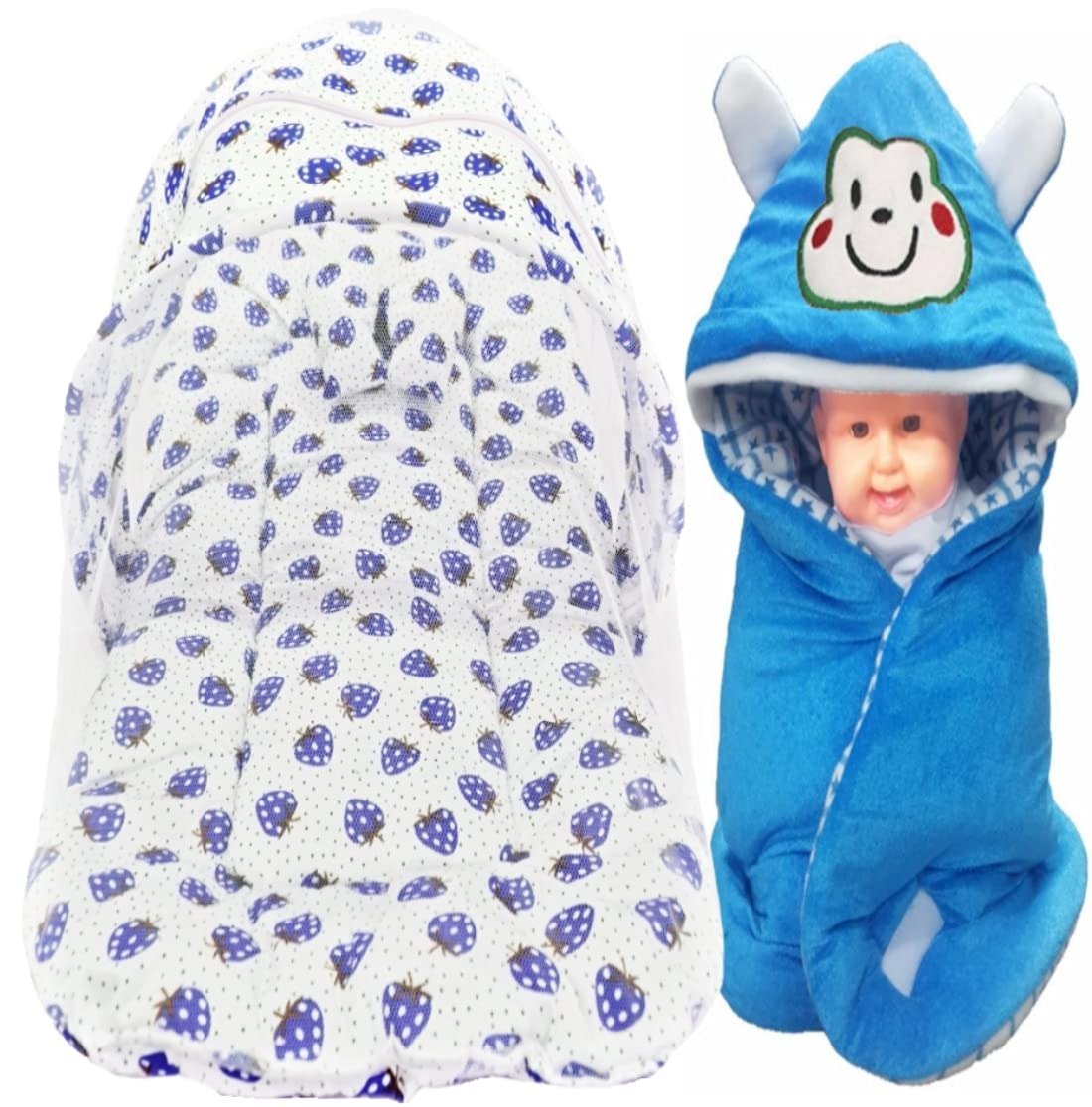 71HUwqxcTrS-1.jpg First Kick Baby Bedding Set New Born Combo Pack of Super Soft Wrapper Blanket and Baby Bedding Set with Mosquito Net for Baby Boys, Baby Girls, Babies (78cm x 45cm, 0-6 Months) Combo of 2 - Fast Shipping to USA & Canada - Image 1