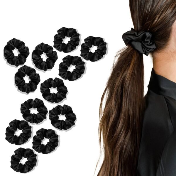 TEMPERIA (12 pcs) Silk Satin Scrunchies For Women & Girls - Stylish Luxury Ponytail Rubber Band Ties for Hair - Black (MN02) - Fast Shipping to USA & Canada