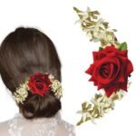 TEMPERIA Hair Accessories For Women's & Girls - Stylish Red Rose & White Artificial Flowers Bun Juda Bridal Brooch & Braid For Hairstyle & Decoration - Pins & Clips For Style Of Bride, Wedding & Party - Fast Shipping to USA & Canada