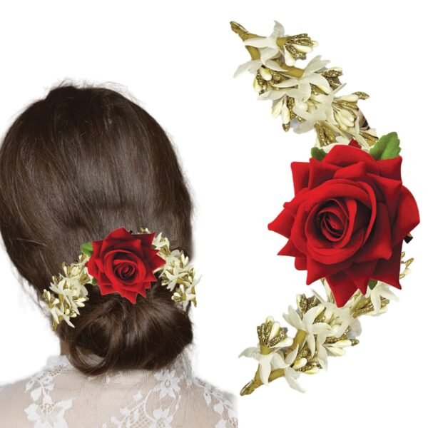 TEMPERIA Hair Accessories For Women's & Girls - Stylish Red Rose & White Artificial Flowers Bun Juda Bridal Brooch & Braid For Hairstyle & Decoration - Pins & Clips For Style Of Bride, Wedding & Party - Fast Shipping to USA & Canada