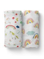 MOM'S HOME Organic Cotton Baby Muslin Swaddle Combo | Rainbow & Unicorn | 100X100 cm | 0-12 Months | Multicolor | Pack of 2 - Fast Shipping to USA & Canada