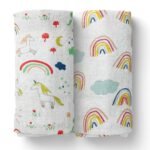 MOM'S HOME Organic Cotton Baby Muslin Swaddle Combo | Rainbow & Unicorn | 100X100 cm | 0-12 Months | Multicolor | Pack of 2 - Fast Shipping to USA & Canada