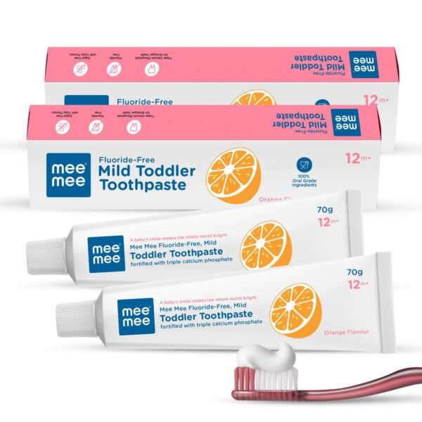 Mee Mee Fluoride-Free Baby Tooth paste for Kids & toddlers Fortified with Triple Calcium Phosphate, Cavity Protection, Oral Care, Best for Baby 1 year +, 70 gram (Orange, Pack of 2) - Fast Shipping to USA & Canada