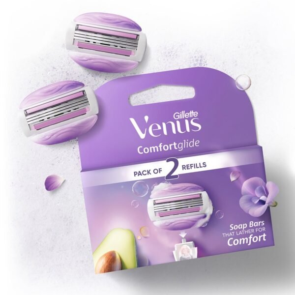 Gillette Venus Comfortglide Hair Removal Razor Blades/Refills/Cartridges for Women - 2 Pieces (Avocado Oils & Freesia scent soap gel bars) - Fast Shipping to USA & Canada