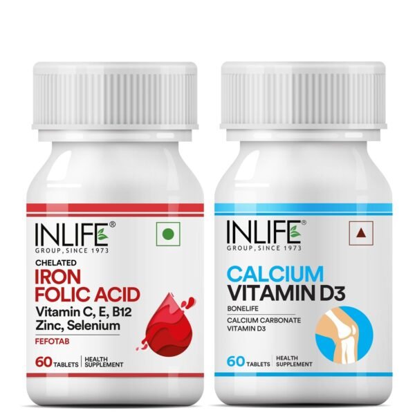 INLIFE Chelated Iron & Folic Acid with Calcium & D3 - 120 Tablets - Fast Shipping to USA & Canada