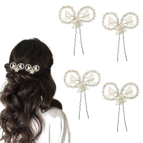 TEMPERIA (4 pcs) Crystal U Pin Hair Accessories For Women & Girls - Artificial Flowers Bun Juda Bridal Pins for Hairstyle & Decoration - Pins & Clips for Style of Bride - White (MN02) - Fast Shipping to USA & Canada
