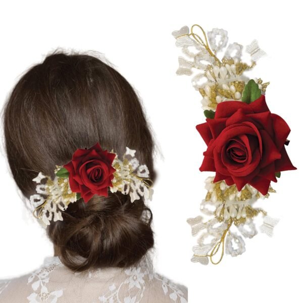 TEMPERIA (1pc) Hair Accessories For Women's & Girls - Stylish Artificial Flowers & Crystal Pearls Bun Juda Bridal Brooch for Hairstyle & Decoration - Pins & Clips for Style of Bride (Red & White) - Fast Shipping to USA & Canada
