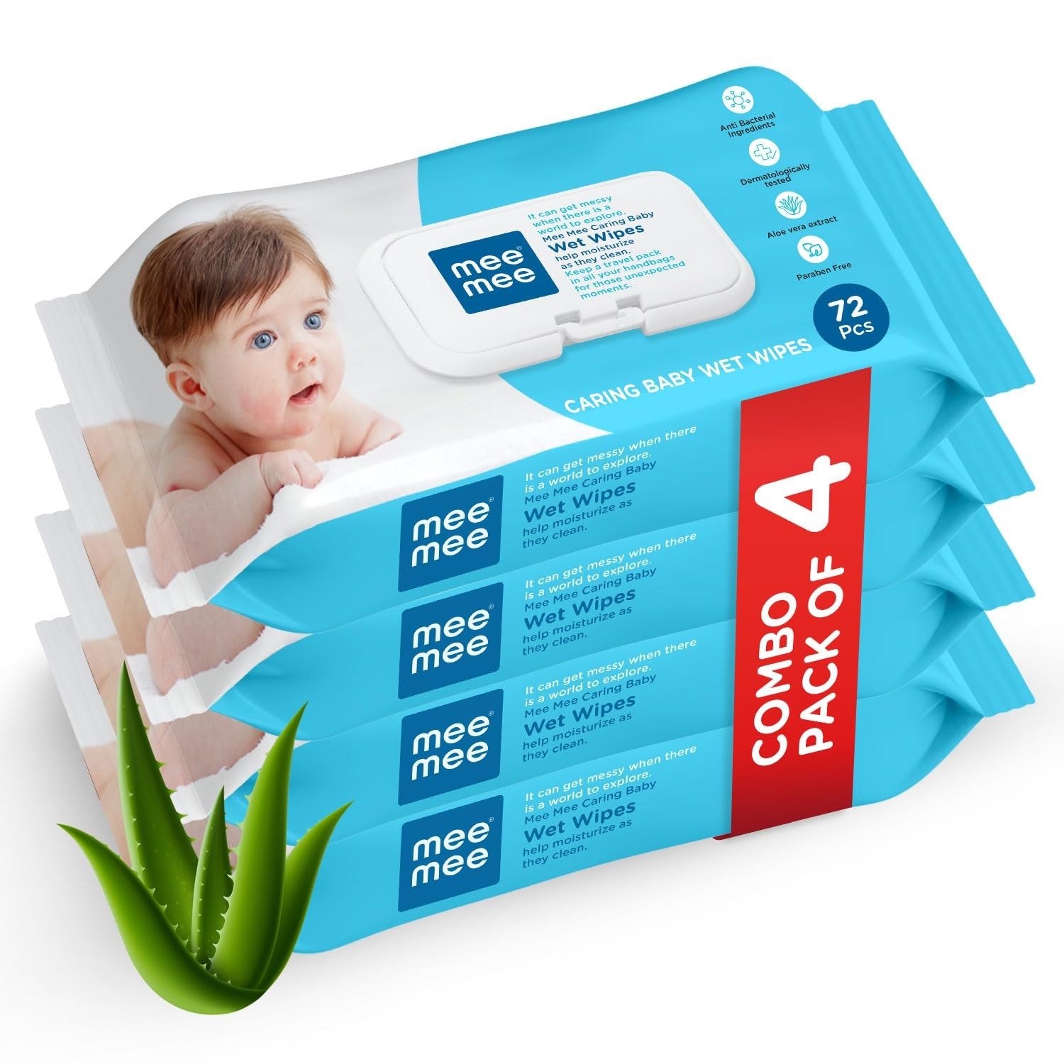 71afGnekwrL-1.jpg Mee Mee Wet Wipes for Baby Skin with Aloe Vera Paraben Free, Fragrance Free, pH Balanced, Dermatologically Safe, Baby Wipes Combo, 72 Wipes/Pack With Lid (Pack of 4 Wet Wipes) - Fast Shipping to USA & Canada - Image 1