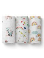 MOM'S HOME Organic Cotton Baby Muslin Swaddle Combo | Dinosaur, Rainbow & Unicorn | 100X100 cm | 0-12 Months | Multicolor | Pack of 3 - Fast Shipping to USA & Canada