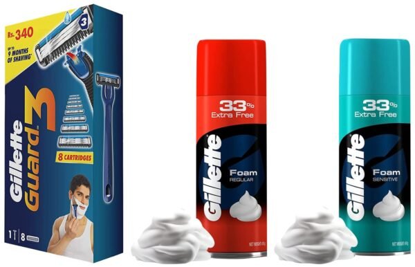 Gillette Guard 3 Single Razor With 8 Blades Pack & Classic Sensitive Shave Foam - 418 G (33% Extra) & Classic Regular Pre Shave Foam, 418Gm With 33% Extra Free - Fast Shipping to USA & Canada
