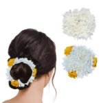 Temperia (2 Pcs) Scented Mogra Gajra Hair Accessories For Women & Girls - Hair Flower Bun Artificial Fake Gajra Scrunchies Rubber Band - Premium & Voluminous, 1 Pc Yellow Petals & 1 Pc White - Fast Shipping to USA & Canada