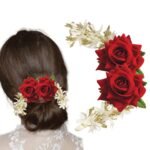 TEMPERIA Hair Accessories For Women's & Girls - Stylish Red Rose & White Artificial Flowers Bun Juda Bridal Brooch & Braid For Hairstyle & Decoration - Pins & Clips For Style Of Bride, Wedding & Party - Fast Shipping to USA & Canada