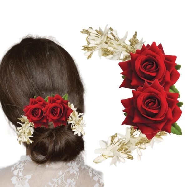 TEMPERIA Hair Accessories For Women's & Girls - Stylish Red Rose & White Artificial Flowers Bun Juda Bridal Brooch & Braid For Hairstyle & Decoration - Pins & Clips For Style Of Bride, Wedding & Party - Fast Shipping to USA & Canada