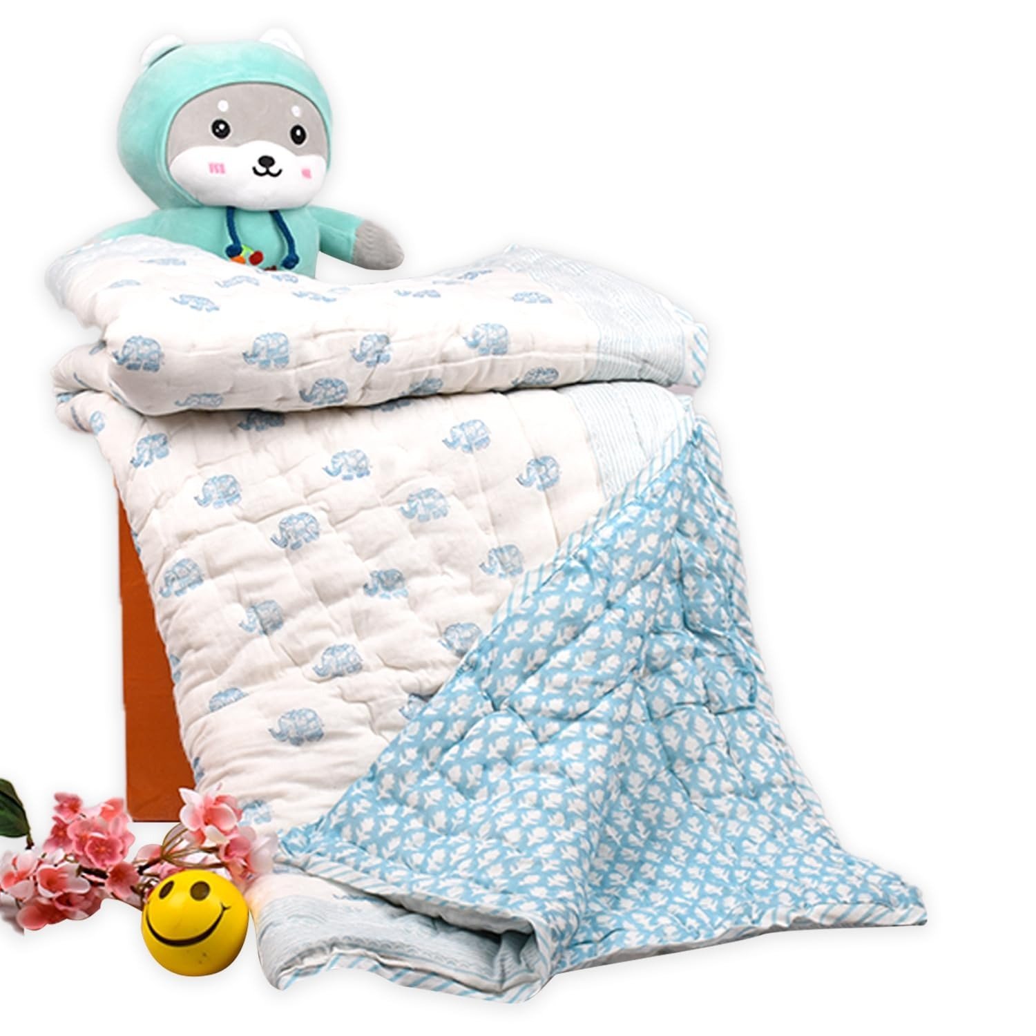 71kICP80eAL-1.jpg MOM'S Home Organic Cotton Baby Quilt | 100 * 150cm | 0-5 Years | Royal Elephant - Fast Shipping to USA & Canada - Image 1