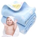MOM CARE Muslin Blanket for Newborn,Cotton,Organic,Extra Soft Swaddles,Burp Cloth, & Bath Towel Ideal for 0-24 Months White & Blue Blanket Pack of 1 - Fast Shipping to USA & Canada