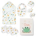 Tidy Sleep Newborn Gift Bundle - Hodded Wrapper, Changing Mat, Booties, Mittens, Cap, Bib & Nappies | Baby Essentials Set | Baby Shower Gift - Fast Shipping to USA & Canada