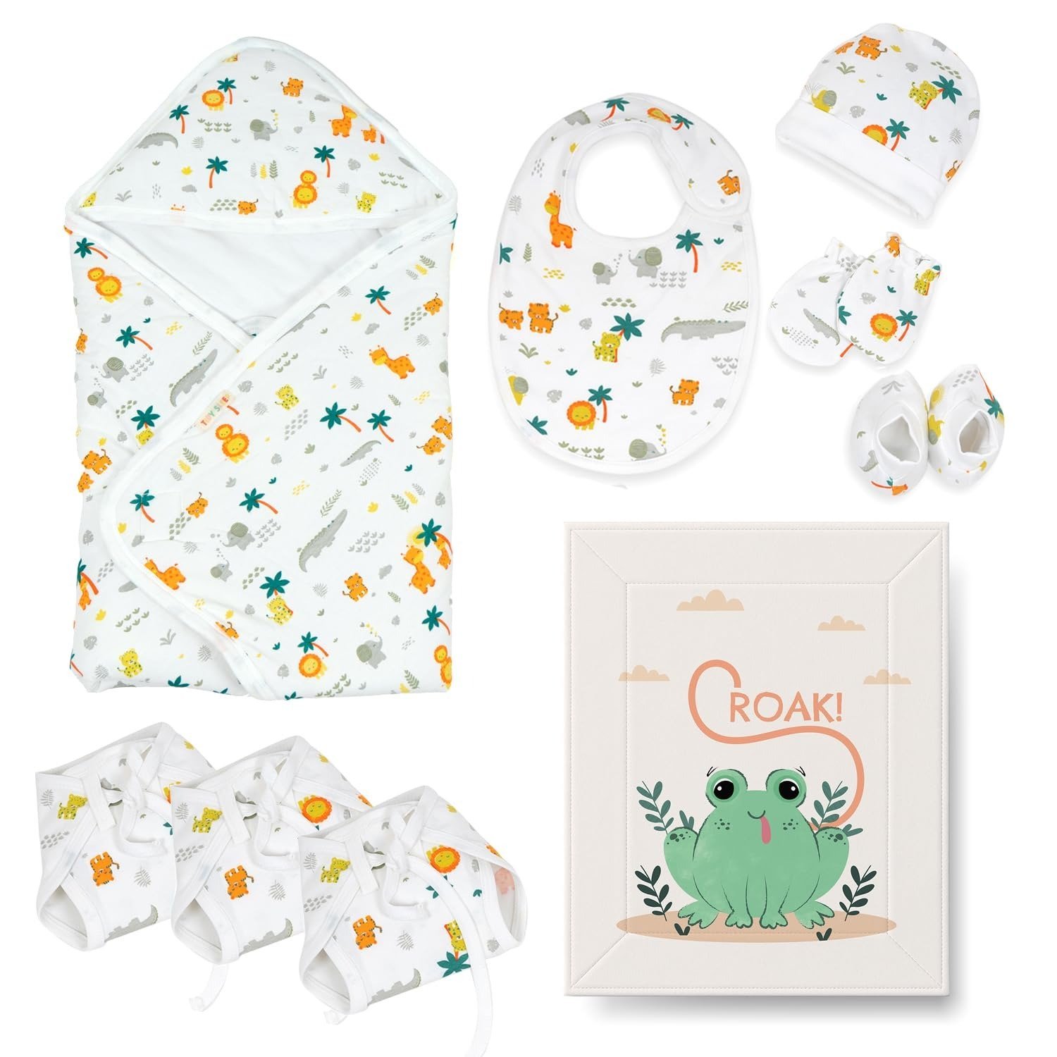 71uNclvmeL.jpg Tidy Sleep Newborn Gift Bundle - Hodded Wrapper, Changing Mat, Booties, Mittens, Cap, Bib & Nappies | Baby Essentials Set | Baby Shower Gift - Fast Shipping to USA & Canada - Image 1