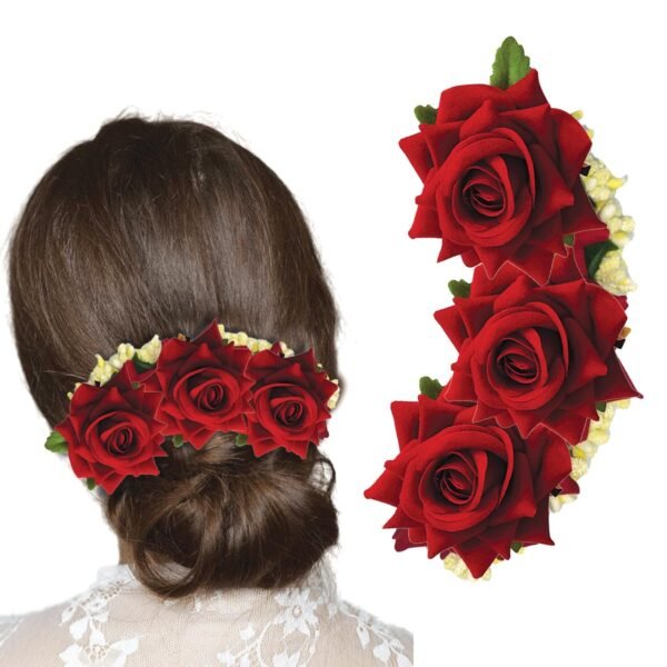 TEMPERIA Hair Accessories For Women's & Girls - Stylish Red Rose & White Artificial Flowers Bun Juda Bridal Brooch & Braid For Hairstyle & Decoration - Pins & Clips For Style Of Bride, Wedding & Party - Fast Shipping to USA & Canada