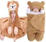 First Kick Baby Blankets New Born Combo Pack of Hooded Wrapper Durable Flannel Wool Sleeping Bag and Baby Bath Towel for 0-6 Months Baby Boys and Baby Girls Pack of 2 Camel Monkey - Fast Shipping to USA & Canada