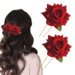 TEMPERIA (2pcs) Hair Accessories For Women & Girls - Stylish Red Rose Artificial Flowers Bun Juda U Pins & Clips for Style & Decoration - Bridal Brooch & Braid for Hairstyle of Bride, Wedding & Party - Fast Shipping to USA & Canada