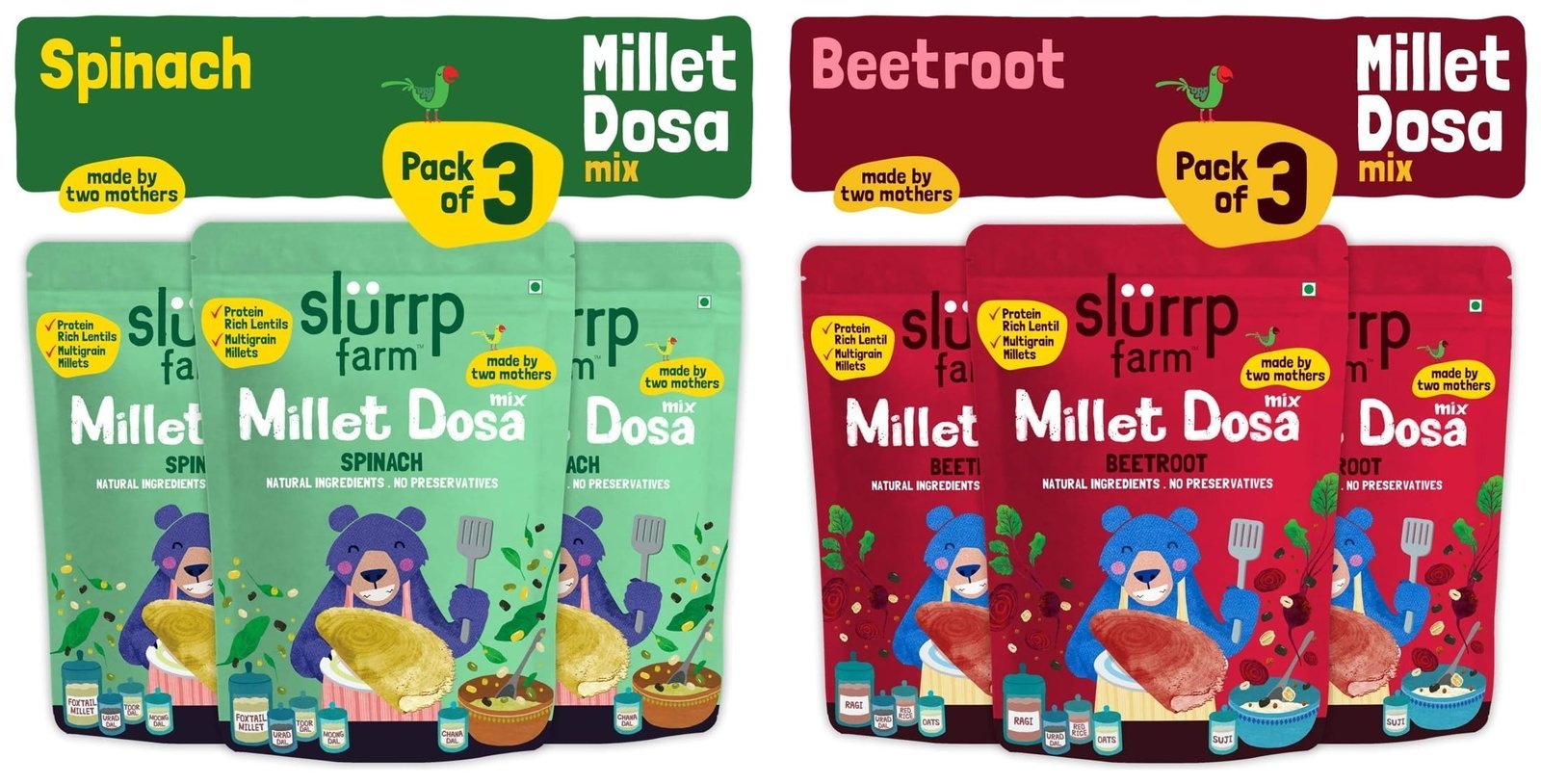 81-CX3nl8XL-1.jpg Slurrp Farm Millet Dosa Mix (3x150g) + Spinach Dosa Mix (3x150g) - Fast Shipping to USA & Canada - Image 1