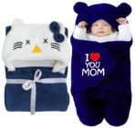 First Kick Baby Blankets New Born Combo Pack of Hooded Wrapper Sleeping Bag and Baby Bath Towel for 0-6 Months Baby Boys and Baby Girls Pack of 2, Flannel, Navy Blue Mom & Kitty, lightweight - Fast Shipping to USA & Canada
