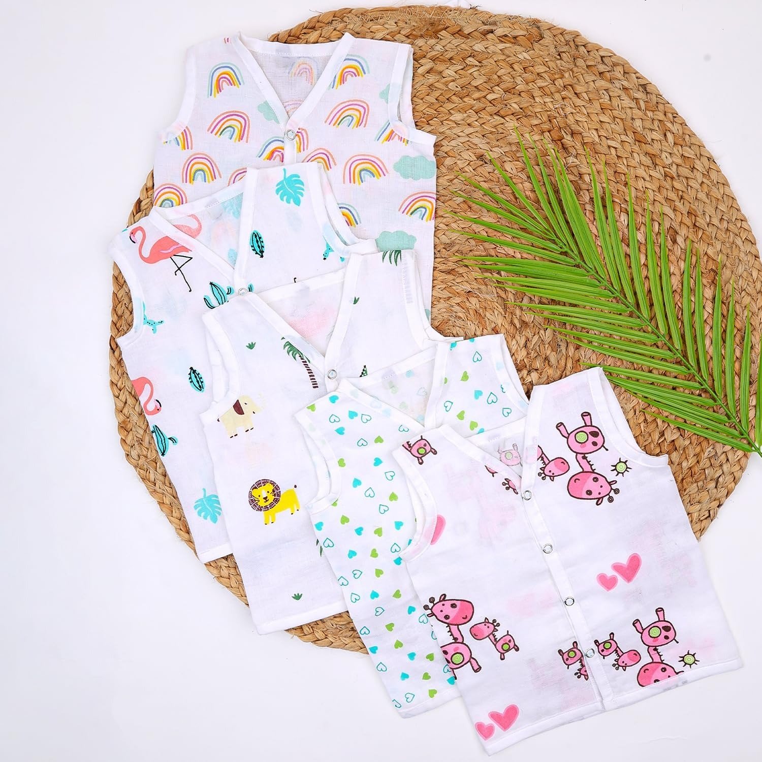 817vdhTitxL-1.jpg MOM'S HOME Organic Muslin Baby Jhabla Set | Unisex Cotton Vest | Pack of 5 | 0?3 Months | Soft, Breathable, Summery Prints - Fast Shipping to USA & Canada - Image 1