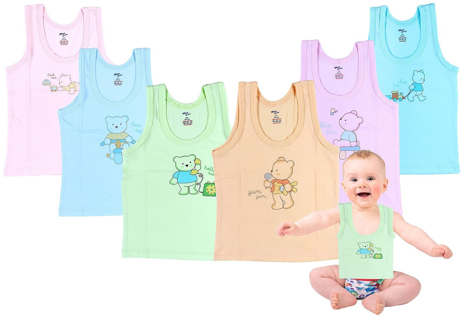 818G-3bTfvL-1.jpg MOM CARE Cotton Newborn Baby Regular Fit Vest Sleeveless Sando Baniyan Pure Hosiery Cotton Printed for Boys and Girls from 3-6 Months (Pack of 6) Multi - Fast Shipping to USA & Canada - Image 1