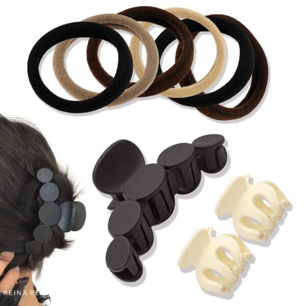 TEMPERIA (9pcs) Hair Claw Clips & Rubbers Set for Women & Girls - Clutcher Clutches Large Claw Clips Accessories - Stylish, Fashional (Random Colors) (6 Rubbers, 1 Claw Clip & 2 Small Clutch) - (MN02) - Fast Shipping to USA & Canada