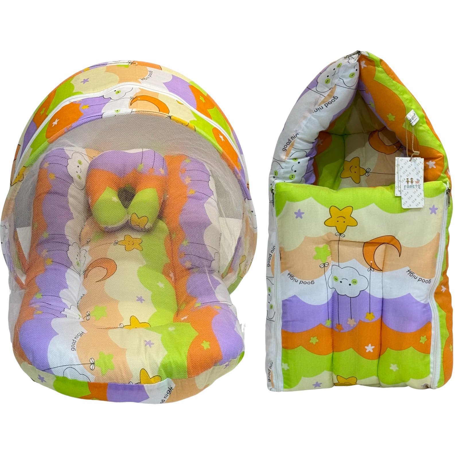 81PUi3BDwSL-1.jpg Infantbond Born Baby Bed with Net & Carry Bag (Orange Star) ? Fast Shipping to USA & Canada - Image 1