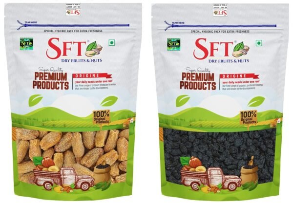 SFT Dried Dates Yellow/Sukha Khajoor (Pila Chuara) 1 Kg & Afghani Seedless (Black Raisin) Dry Grapes, Handpicked Pouch, 1000 g - Fast Shipping to USA & Canada