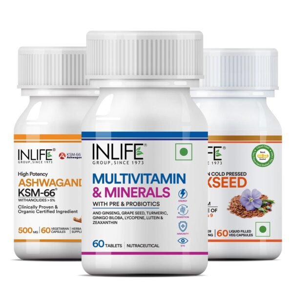 INLIFE Immunity Support Combo - Multivitamins, Ashwagandha & Flaxseed Oil - Fast Shipping to USA & Canada