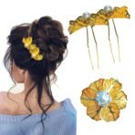 TEMPERIA (2 pcs) U Pin Hair Accessories For Women & Girls - Artificial Flowers Bun Juda Bridal Pins for Hairstyle & Decoration - Pins & Clips for Style of Bride - Gold (MN01) - Fast Shipping to USA & Canada