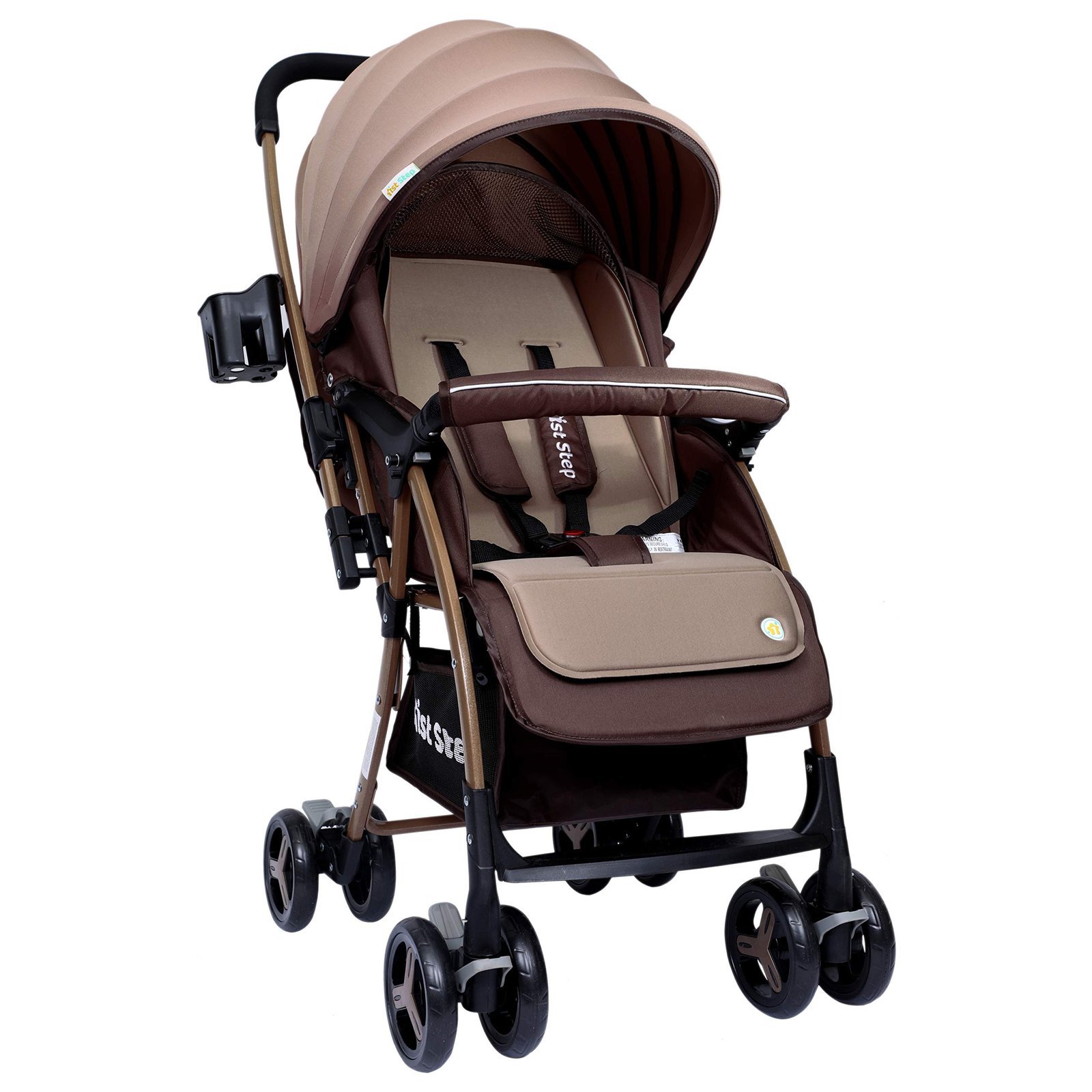 81ggTPyBgL.jpg 1st Step Caramel Baby Pram Cum Stroller with 5 Point Safety Harness/Infinitely Reclining and Cushioned Seat/Reversible Handle/Front Swivel Wheels - Coffee Brown - Fast Shipping to USA & Canada - Image 1