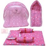 Infantbond Cotton Mattress with Net & Bedding (Star Pink) ? Fast Shipping to USA & Canada
