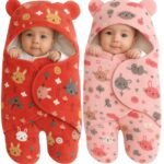 First Kick Baby Blanket New Born Pack of Hooded Printed Swaddle Wrapper Bag Pack of 2 Pcs, 0-6 Months, L 70 cm x B 70 cm - Fast Shipping to USA & Canada