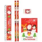 Christmas Stationery Set for Kids, 5-Piece Santa Theme Writing Kit with Pencils, Eraser, Ruler, Notepad in Red Carry Pouch, Holiday School Supplies - Fast Shipping to USA & Canada - Image 2