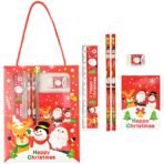 Christmas Stationery Set for Kids, 5-Piece Santa Theme Writing Kit with Pencils, Eraser, Ruler, Notepad in Red Carry Pouch, Holiday School Supplies - Fast Shipping to USA & Canada