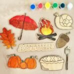 Cliths 9 Pcs Wooden Autumn Painting Kit for Kids & Toddlers Eco-Friendly Fall Craft Activity with 8 Shapes (Leaf, Pumpkin, Campfire) & ?Autumn? Cutout ? 5.8x5.7 Inch - Fast Shipping to USA & Canada