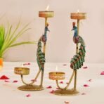 CraftVatika Metal Peacock Candle Holder Set of 2 - Perfect House Decoration Diwali Gifting Items, Handpainted Tealight Candle Holders for Home Christmas DECOR (21.5 CM Height) - Fast Shipping to USA & Canada - Image 2